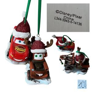 Disney Parks Disney Pixar Cars Glitter Santa 2-CT Christmas Ornaments